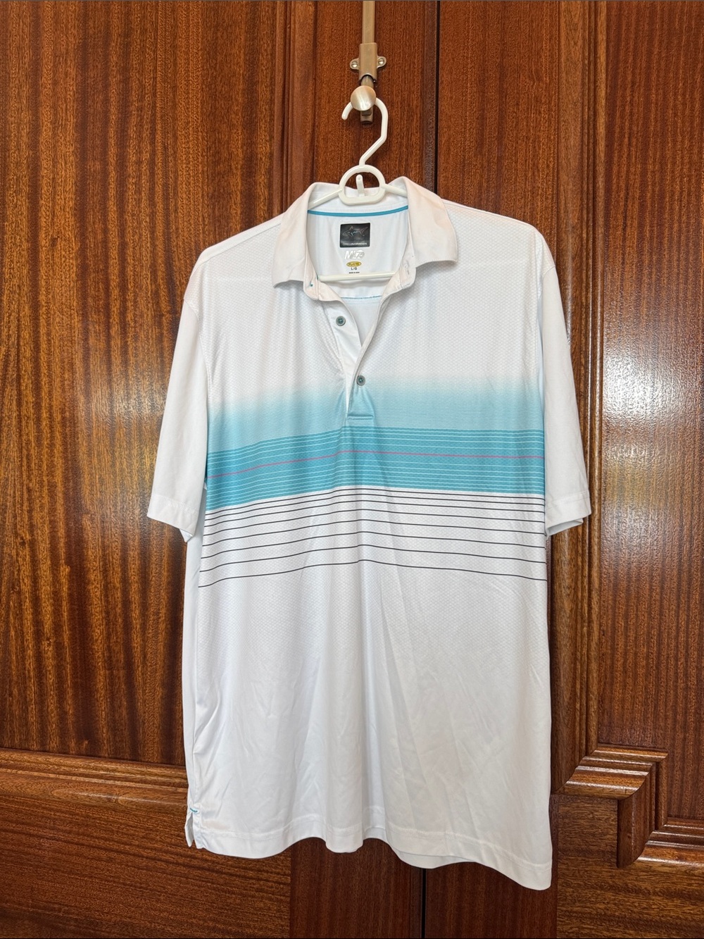 Greg Norman Collection White Polo with Teal Gradient Chest